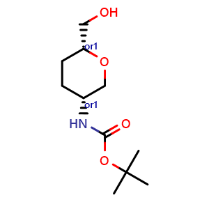 Chemical structure oftert-butyl (cis)-6-(hydroxymethyl)-tetrahydro-2H-pyran-3-ylcarbamate, CAS 1923238-60-1, AChemBlock P51646