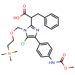 Chemical structure of 2-(5-chloro-4-(4-(methoxycarbonylamino)phenyl)-1-((2-(trimethylsilyl)ethoxy)methyl)-1H-imidazol-2-yl)-3-phenylpropanoic acid , CAS 1821027-67-1, AChemBlock P51708