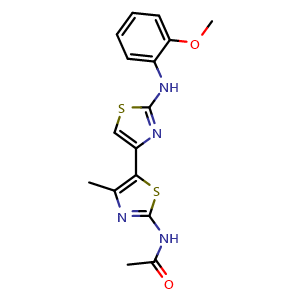 Chemical structure of N-(2-((2-methoxyphenyl)amino)-4'-methyl-[4,5'-bithiazol]-2'-yl)acetamide , CAS 315705-75-0, AChemBlock P51722