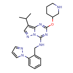 Chemical structure of N-(2-(1H-pyrazol-1-yl)benzyl)-8-isopropyl-2-(piperidin-3-yloxy)pyrazolo[1,5-a][1,3,5]triazin-4-amine , CAS 1453834-21-3, AChemBlock P51730