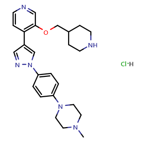 Chemical structure of 1-methyl-4-(4-(4-(3-(piperidin-4-ylmethoxy)pyridin-4-yl)-1H-pyrazol-1-yl)phenyl)piperazine hydrochloride , CAS 1922153-17-0, AChemBlock P51761