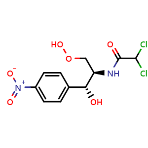 Chemical structure of 2,2-dichloro-N-((1R,2R)-3-hydroperoxy-1-hydroxy-1-(4-nitrophenyl)propan-2-yl)acetamide , CAS 23885-72-5, AChemBlock P51767