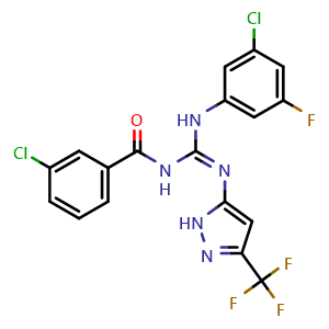 Chemical structure of (Z)-3-chloro-N-(N-(3-chloro-5-fluorophenyl)-N'-(3-(trifluoromethyl)-1H-pyrazol-5-yl)carbamimidoyl)benzamide , CAS 1796641-10-5, AChemBlock P51773