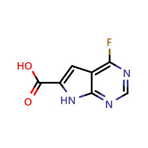 Chemical structure of 4-fluoro-7H-pyrrolo[2,3-d]pyrimidine-6-carboxylic acid , CAS 1016241-81-8, AChemBlock Q51876