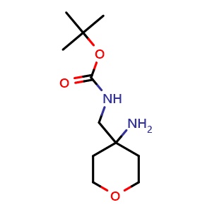 Chemical structure of tert-butyl ((4-aminotetrahydro-2H-pyran-4-yl)methyl)carbamate , CAS 885269-69-2, AChemBlock Q51949