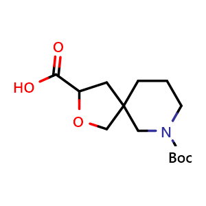 Chemical structure of 7-(tert-butoxycarbonyl)-2-oxa-7-azaspiro[4.5]decane-3-carboxylic acid , CAS 1160246-92-3, AChemBlock Q51957