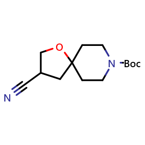Chemical structure of tert-butyl 3-cyano-1-oxa-8-azaspiro[4.5]decane-8-carboxylate , CAS 1160246-93-4, AChemBlock Q51958