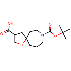 Chemical structure of 8-(tert-butoxycarbonyl)-1-oxa-8-azaspiro[4.6]undecane-3-carboxylic acid , CAS 1268522-48-0, AChemBlock Q51962