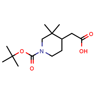 Chemical structure of 2-(1-(tert-butoxycarbonyl)-3,3-dimethylpiperidin-4-yl)acetic acid , CAS 1638768-07-6, AChemBlock Q52133