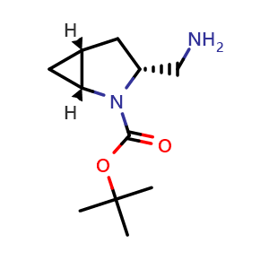 Chemical structure of rel-tert-butyl (1R,3R,5R)-3-(aminomethyl)-2-azabicyclo[3.1.0]hexane-2-carboxylate , CAS 1638761-31-5, AChemBlock Q52194