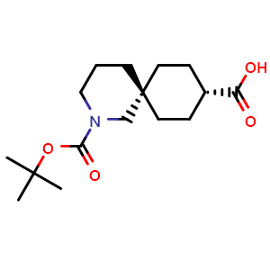 Chemical structure of (6s,9s)-2-(tert-butoxycarbonyl)-2-azaspiro[5.5]undecane-9-carboxylic acid , CAS 1251008-89-5, AChemBlock Q52221