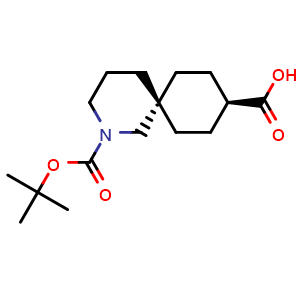 Chemical structure of (6r,9r)-2-(tert-butoxycarbonyl)-2-azaspiro[5.5]undecane-9-carboxylic acid , CAS 1638768-19-0, AChemBlock Q52222