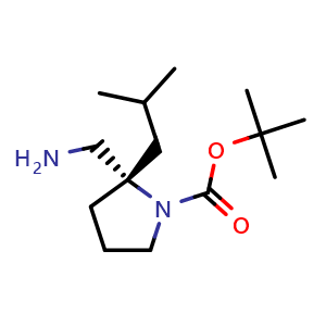 Chemical structure of tert-butyl (S)-2-(aminomethyl)-2-isobutylpyrrolidine-1-carboxylate , CAS 1638744-17-8, AChemBlock Q52286