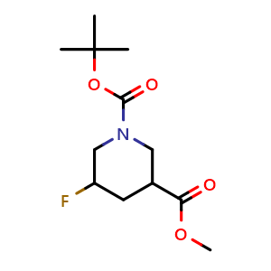 Chemical structure of 1-(tert-butyl) 3-methyl 5-fluoropiperidine-1,3-dicarboxylate , CAS 1241725-65-4, AChemBlock Q52287