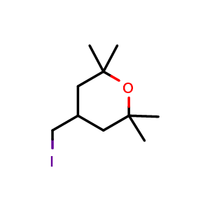 Chemical structure of 4-(iodomethyl)-2,2,6,6-tetramethyltetrahydro-2H-pyran , CAS 1638764-80-3, AChemBlock Q52297