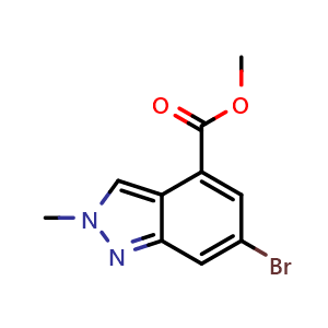 Chemical structure of methyl 6-bromo-2-methyl-2H-indazole-4-carboxylate , CAS 1245465-68-2, AChemBlock Q52300