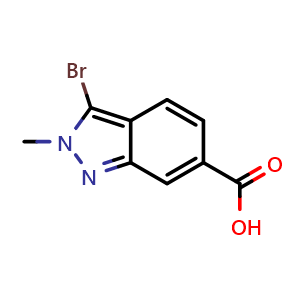 Chemical structure of 3-bromo-2-methyl-2H-indazole-6-carboxylic acid , CAS 1638761-43-9, AChemBlock Q52326