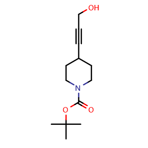 Chemical structure of tert-butyl 4-(3-hydroxyprop-1-yn-1-yl)piperidine-1-carboxylate , CAS 403802-41-5, AChemBlock Q52397