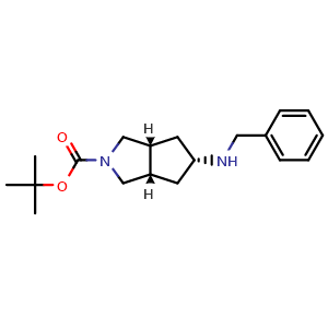 Chemical structure of tert-butyl (3aS,6aS)-5-(benzylamino)-3,3a,4,6a-tetrahydrocyclopenta[c]pyrrole-2(1H)-carboxylate , CAS 863600-79-7, AChemBlock Q52407
