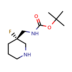Chemical structure of tert-butyl (S)-((3-fluoropiperidin-3-yl)methyl)carbamate , CAS 2306249-89-6, AChemBlock Q52746