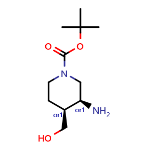 Chemical structure of tert-butyl cis-3-amino-4-(hydroxymethyl)piperidine-1-carboxylate , CAS 370880-96-9, AChemBlock Q52759