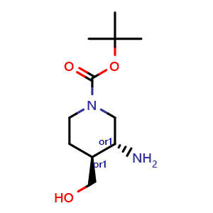 Chemical structure of tert-butyl trans-3-amino-4-(hydroxymethyl)piperidine-1-carboxylate , CAS 1903838-12-9, AChemBlock Q52760