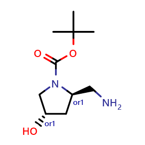 Chemical structure of rel-tert-butyl (2R,4S)-2-(aminomethyl)-4-hydroxypyrrolidine-1-carboxylate , CAS 1983918-82-6, AChemBlock Q52855