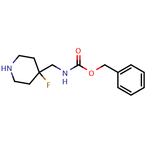Chemical structure of benzyl ((4-fluoropiperidin-4-yl)methyl)carbamate , CAS 1262408-52-5, AChemBlock Q53025