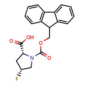 Chemical structure of (2R,4R)-1-(((9H-fluoren-9-yl)methoxy)carbonyl)-4-fluoropyrrolidine-2-carboxylic acid , CAS 1932387-77-3, AChemBlock Q53050