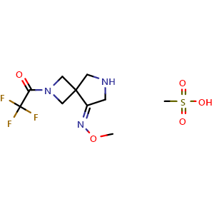 Chemical structure of (Z)-2,2,2-trifluoro-1-(8-(methoxyimino)-2,6-diazaspiro[3.4]octan-2-yl)ethan-1-one methanesulfonate , CAS 1825361-14-5, AChemBlock Q53067