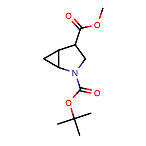 Chemical structure of 2-(tert-butyl) 4-methyl 2-azabicyclo[3.1.0]hexane-2,4-dicarboxylate , CAS 1823580-07-9, AChemBlock Q53076