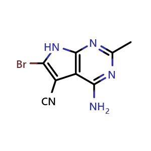 Chemical structure of 4-amino-6-bromo-2-methyl-7H-pyrrolo[2,3-d]pyrimidine-5-carbonitrile , CAS 679834-45-8, AChemBlock Q53091