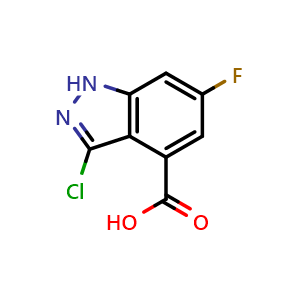 Chemical structure of 3-chloro-6-fluoro-1H-indazole-4-carboxylic acid , CAS 885521-97-1, AChemBlock Q53104