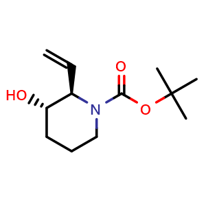 Chemical structure of tert-butyl (2R,3S)-3-hydroxy-2-vinylpiperidine-1-carboxylate , CAS 1779500-77-4, AChemBlock Q53230