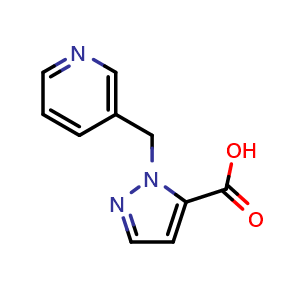 Chemical structure of 1-(pyridin-3-ylmethyl)-1H-pyrazole-5-carboxylic acid , CAS 1341694-71-0, AChemBlock Q53283