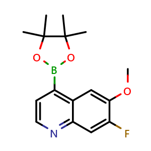 Chemical structure of 7-fluoro-6-methoxy-4-(4,4,5,5-tetramethyl-1,3,2-dioxaborolan-2-yl)quinoline , CAS 2248157-24-4, AChemBlock Q53299