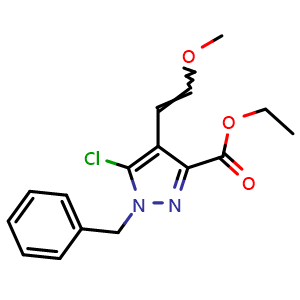 Chemical structure of ethyl 1-benzyl-5-chloro-4-(2-methoxyvinyl)-1h-pyrazole-3-carboxylate , CAS 2095516-88-2, AChemBlock Q53310