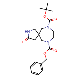 Chemical structure of 7-benzyl 10-(tert-butyl) 3-oxo-2,7,10-triazaspiro[4.6]undecane-7,10-dicarboxylate , CAS 1250999-19-9, AChemBlock Q53325