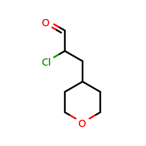 Chemical structure of 2-chloro-3-(tetrahydro-2H-pyran-4-yl)propanal , CAS 2306265-28-9, AChemBlock Q53392