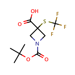 Chemical structure of 1-(tert-butoxycarbonyl)-3-((trifluoromethyl)thio)azetidine-3-carboxylic acid , CAS 2244588-65-4, AChemBlock Q53417