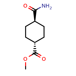 Chemical structure of methyl (1r,4r)-4-carbamoylcyclohexane-1-carboxylate , CAS 1202-24-0, AChemBlock Q53500