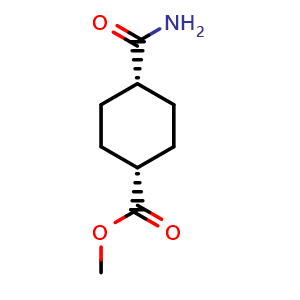 Chemical structure of methyl (1s,4s)-4-carbamoylcyclohexane-1-carboxylate , CAS 1202-23-9, AChemBlock Q53501