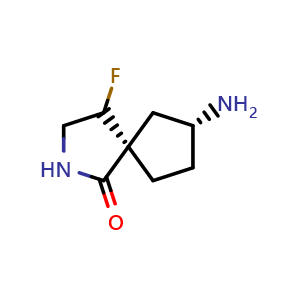 Chemical structure of (5S,7R)-7-amino-4-fluoro-2-azaspiro[4.4]nonan-1-one , CAS 2306259-45-8, AChemBlock Q53524