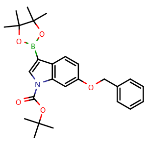 Chemical structure of tert-butyl 6-(benzyloxy)-3-(4,4,5,5-tetramethyl-1,3,2-dioxaborolan-2-yl)-1H-indole-1-carboxylate , CAS 2304633-94-9, AChemBlock Q53606