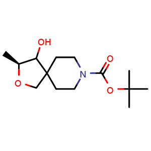 Chemical structure of tert-butyl (3S)-4-hydroxy-3-methyl-2-oxa-8-azaspiro[4.5]decane-8-carboxylate , CAS 1801766-82-4, AChemBlock Q53621