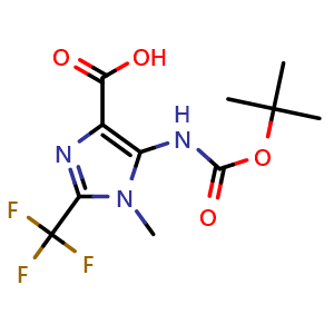 Chemical structure of 5-((tert-butoxycarbonyl)amino)-1-methyl-2-(trifluoromethyl)-1H-imidazole-4-carboxylic acid , CAS 2250242-94-3, AChemBlock Q53625