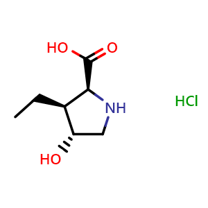 Chemical structure of (2S,3S,4R)-3-ethyl-4-hydroxypyrrolidine-2-carboxylic acid hydrochloride , CAS 2306253-84-7, AChemBlock Q53629