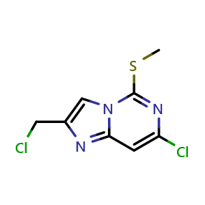 Chemical structure of 7-chloro-2-(chloromethyl)-5-(methylthio)imidazo[1,2-c]pyrimidine , CAS 1059191-49-9, AChemBlock Q53642