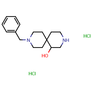 Chemical structure of 9-benzyl-3,9-diazaspiro[5.5]undecan-1-ol dihydrochloride , CAS 2250243-25-3, AChemBlock Q53655