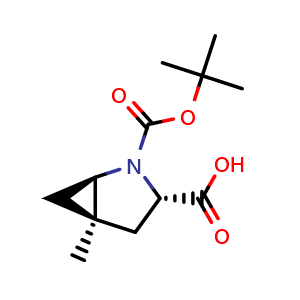 Chemical structure of (1R,3S,5R)-2-(tert-butoxycarbonyl)-5-methyl-2-azabicyclo[3.1.0]hexane-3-carboxylic acid , CAS 1306734-44-0, AChemBlock Q53656